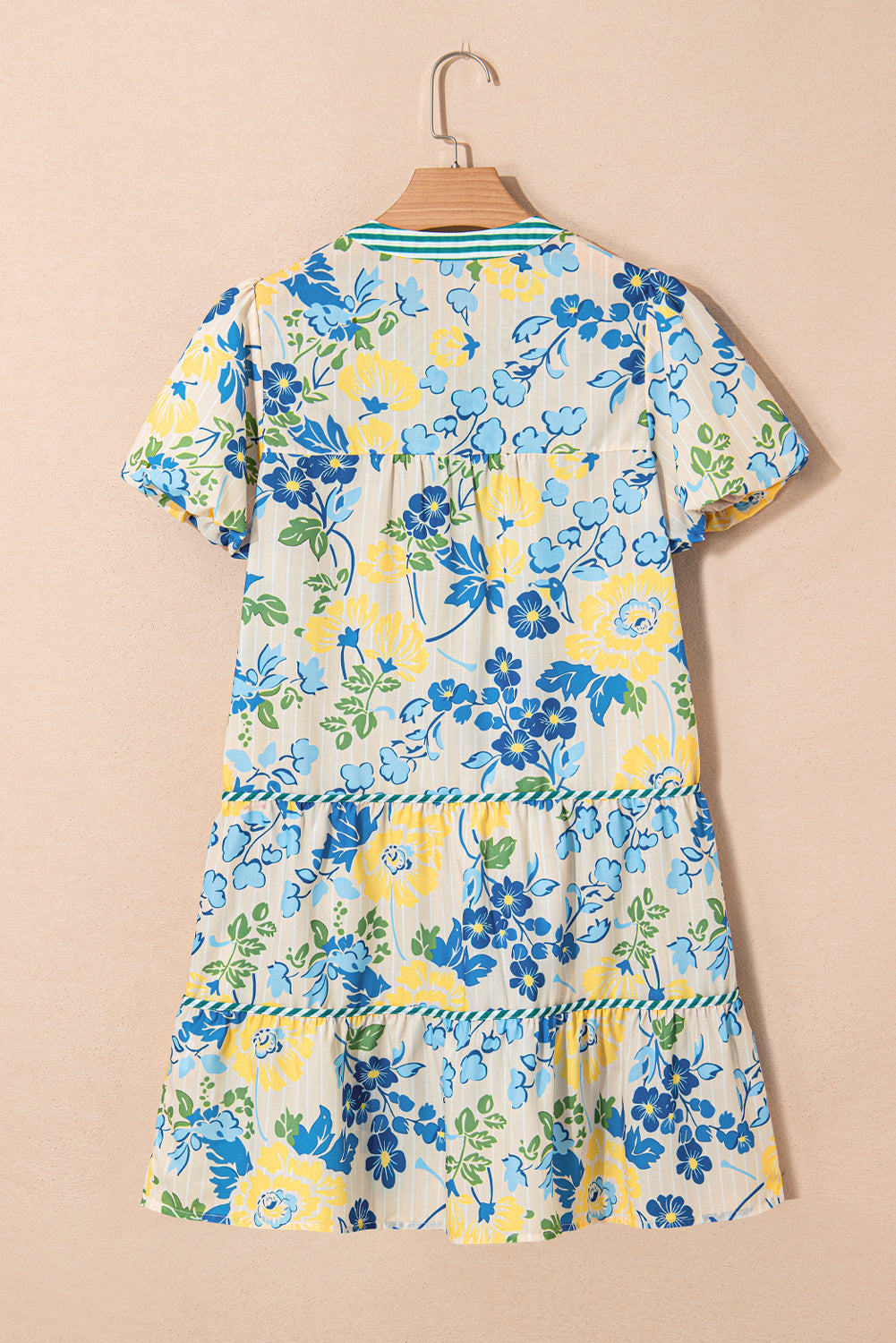 Blue Floral Striped Trim Puff Short Sleeve Dress Floral Dresses JT's Designer Fashion
