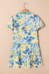 Blue Floral Striped Trim Puff Short Sleeve Dress Floral Dresses JT's Designer Fashion