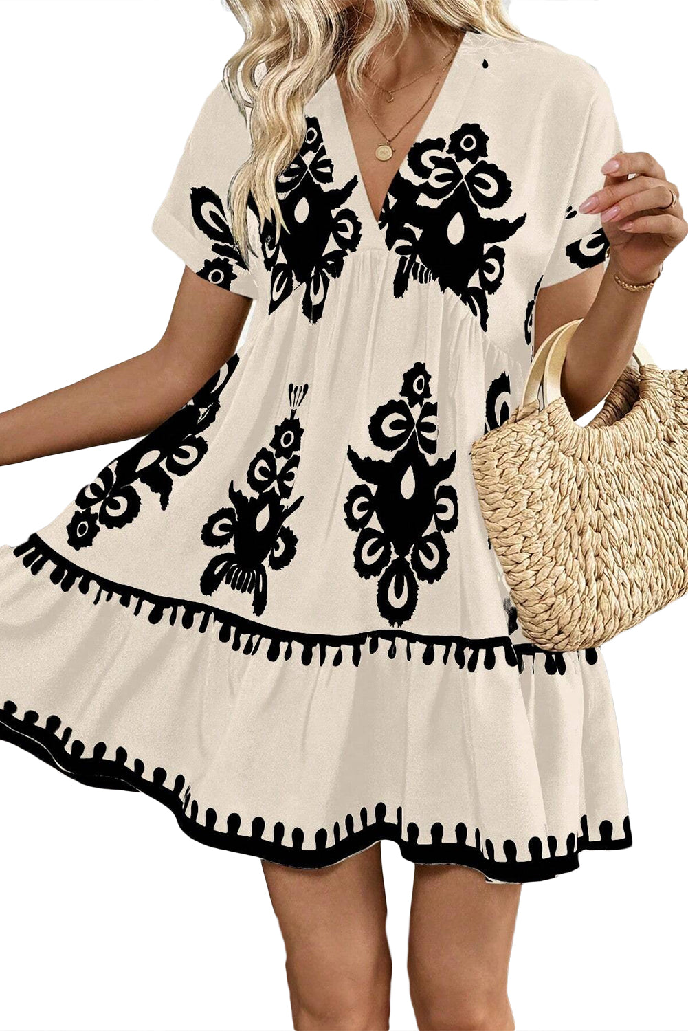 Black Vintage Print V Neck High Waist Short Sleeve Dress Mini Dresses JT's Designer Fashion