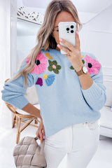 Light Blue Knitted Flower Pattern Ribbed Edge Sweater Sweaters JT's Designer Fashion