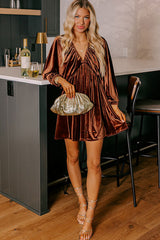 Clay Elastic V Neck Puff Sleeve Short Velvet Dress JT's Designer Fashion