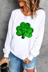 White Sequin Clover Embroidered Drop Shoulder Sweatshirt White 70%Polyester+30%Cotton Graphic Sweatshirts JT's Designer Fashion