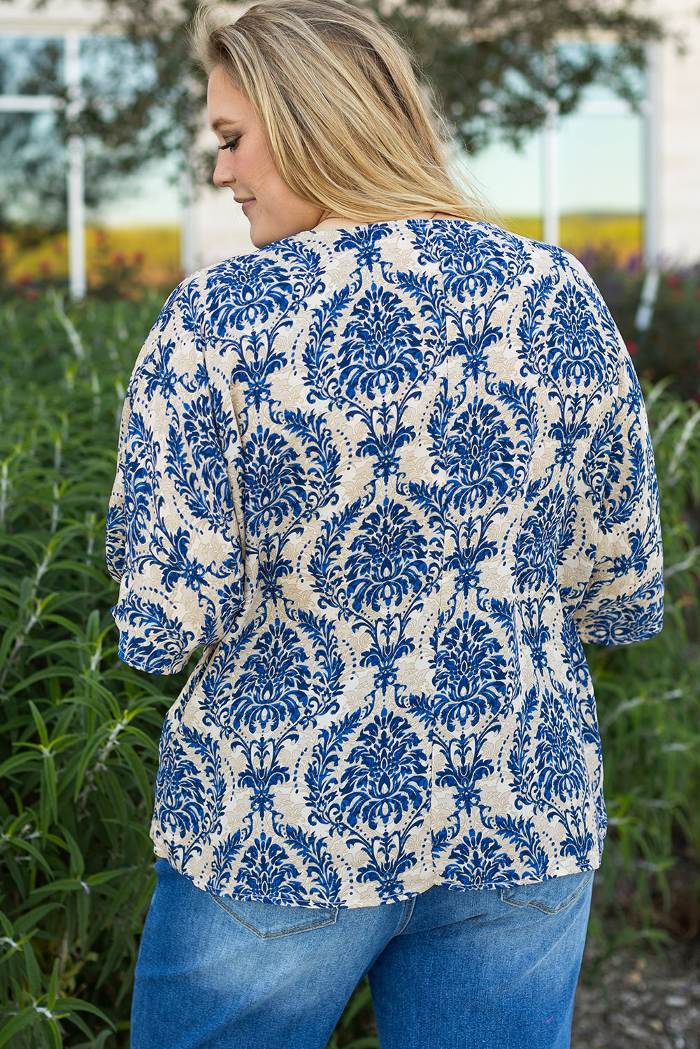 Blue Plus Size Ethnic Printed 3/4 Sleeve V Neck Loose Blouse Plus Size Blouses & Shirts JT's Designer Fashion