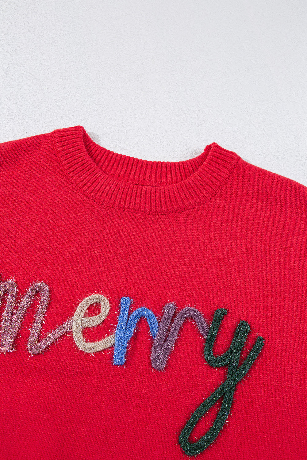 Fiery Red Tinsel Merry Letter Drop Shoulder Baggy Sweater Sweaters JT's Designer Fashion