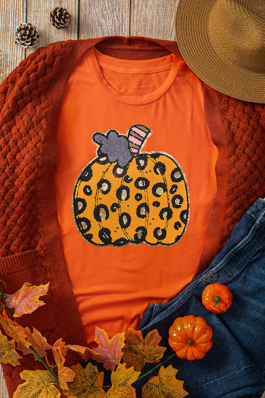 Orange Halloween Leopard Pumpkin Crew Neck Graphic Tee Graphic Tees JT's Designer Fashion