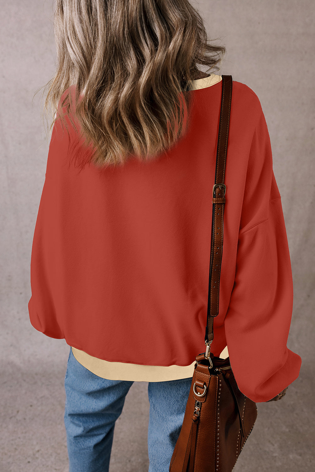 Red Clay Color Block Patch Drop Shoulder Oversized Sweatshirt Sweatshirts & Hoodies JT's Designer Fashion