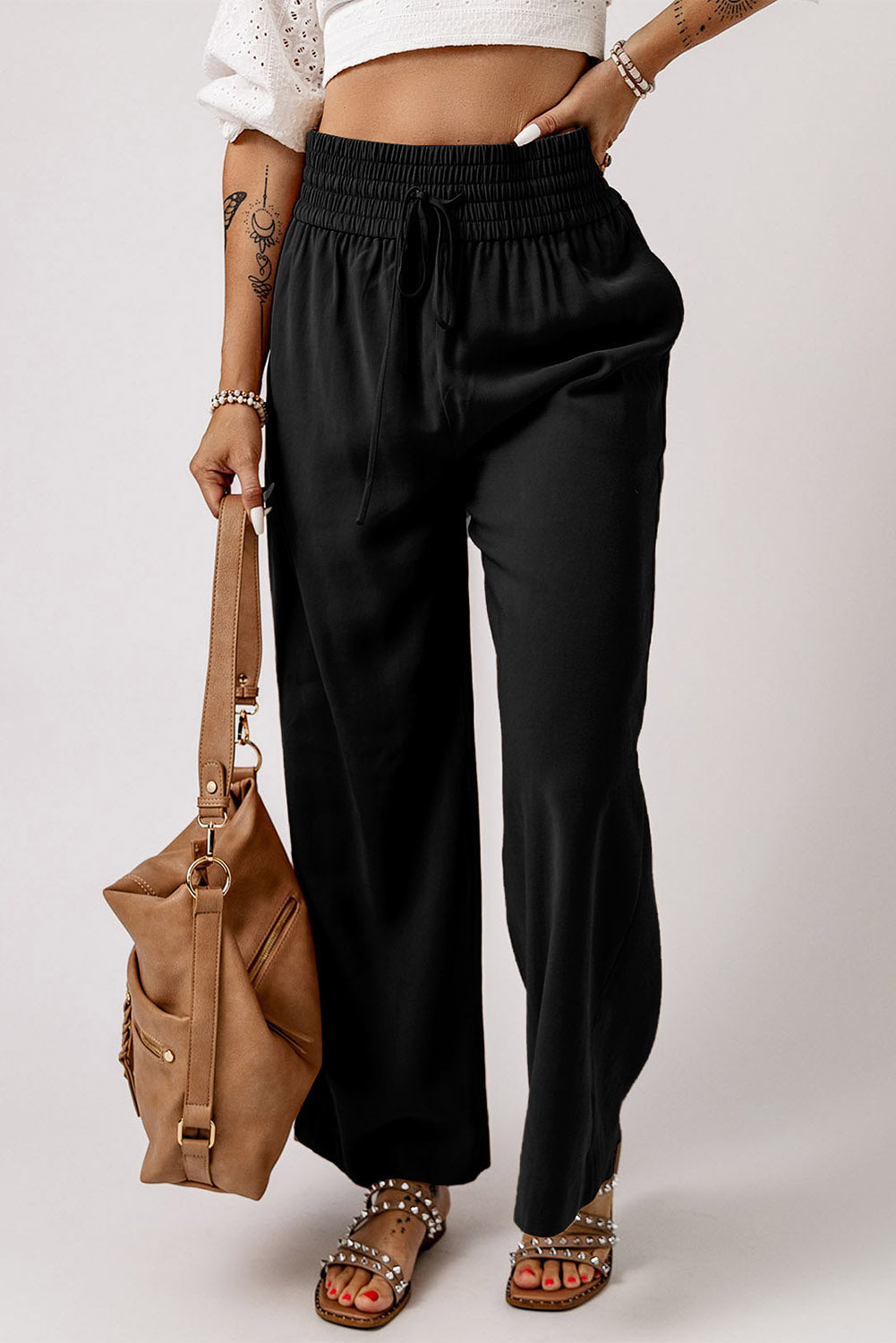 Black Drawstring Elastic Waist Casual Wide Leg Pants Pants & Culotte JT's Designer Fashion