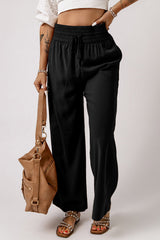 Black Drawstring Elastic Waist Casual Wide Leg Pants Pants & Culotte JT's Designer Fashion