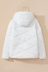 White Solid Quilted Hooded Zip Up Puffer Coat Jackets JT's Designer Fashion