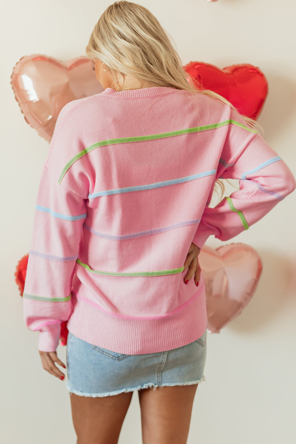 Pink Rainbow Stripes Drop Shoulder Baggy Henley Sweater Sweaters JT's Designer Fashion