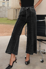 Black Plain Seam Detail Flared Bottom Ankle Length Jeans Jeans JT's Designer Fashion