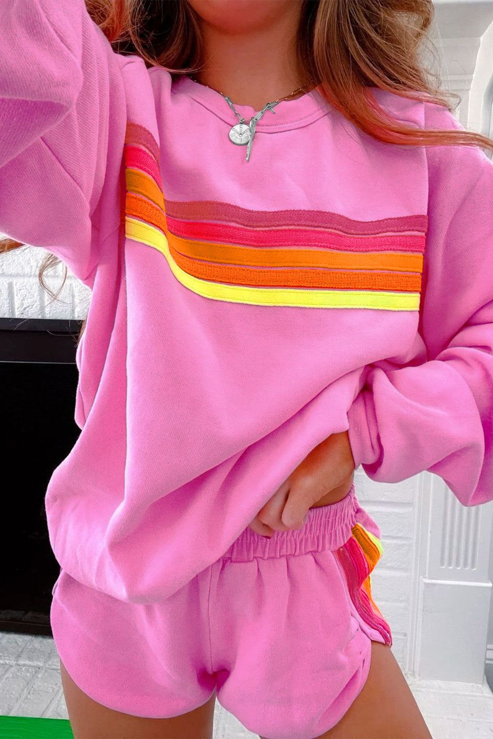 Bonbon Striped Accent Pullover and Shorts Two Piece Casual Set Short Sets JT's Designer Fashion
