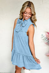 Beau Blue Bowknot Neck Sleeveless Ruffled Chambray Dress Mini Dresses JT's Designer Fashion