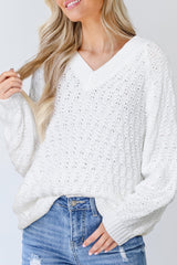 White Textured Knit Ribbed Edge V Neck Loose Sweater Sweaters JT's Designer Fashion