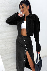 Black Button Fly Side Split High Waist Denim Midi Skirt Skirts & Petticoat JT's Designer Fashion