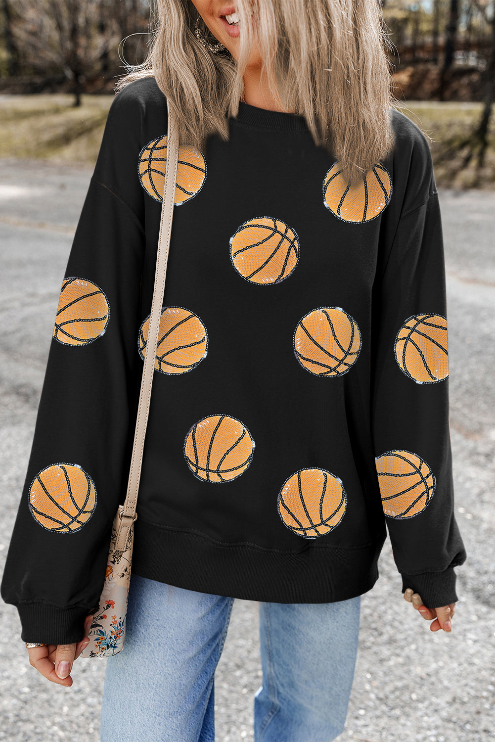 Black Sequin Ball Patched Crewneck Game Day Sweatshirt Black 50%Polyester+50%Cotton Graphic Sweatshirts JT's Designer Fashion
