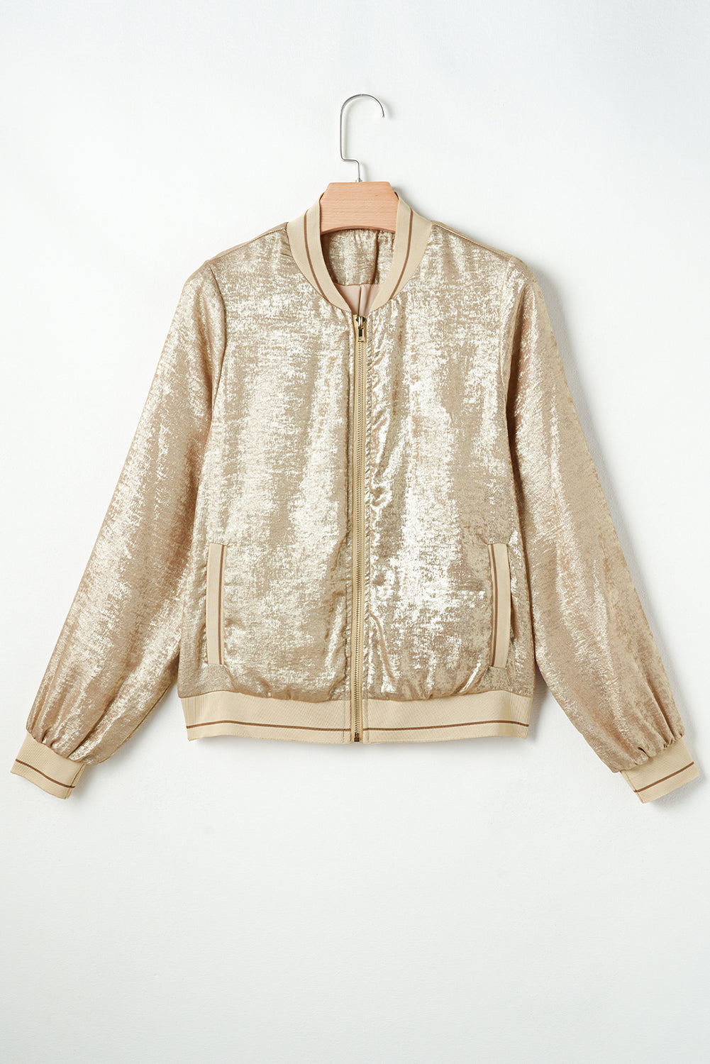 Pale Khaki Metallic Zip up Baseball Jacket Jackets JT's Designer Fashion