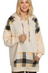 Khaki Plaid Patchwork Kangaroo Pocket Oversized Hoodie Sweatshirts & Hoodies JT's Designer Fashion