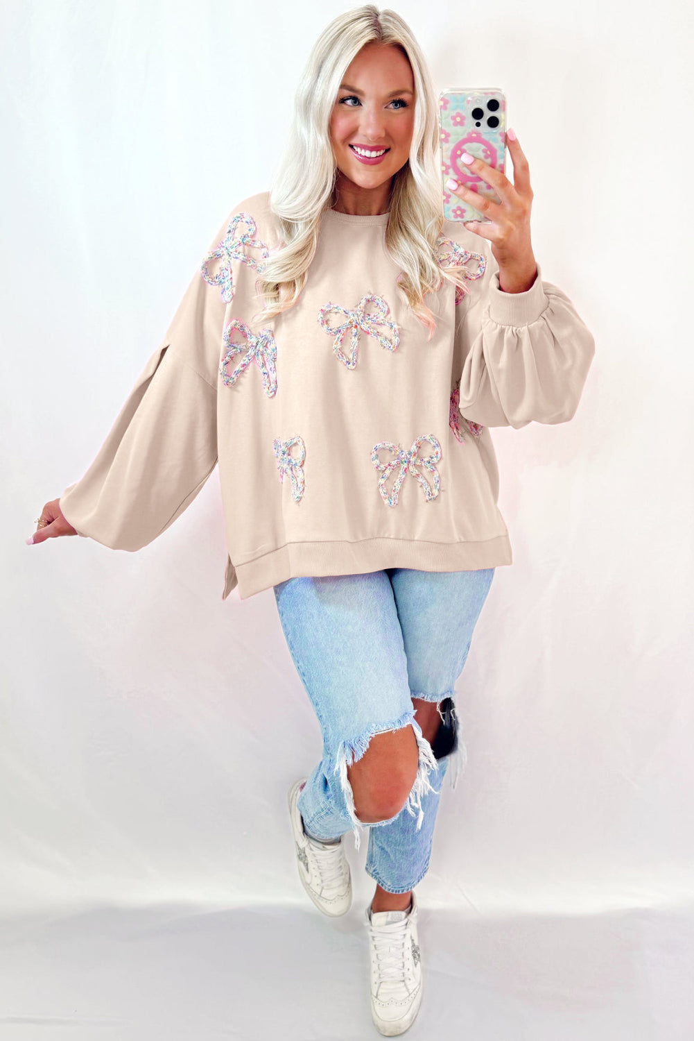 Parchment Embroidered Bow Lantern Sleeve Oversized Pullover Sweatshirt Sweatshirts & Hoodies JT's Designer Fashion
