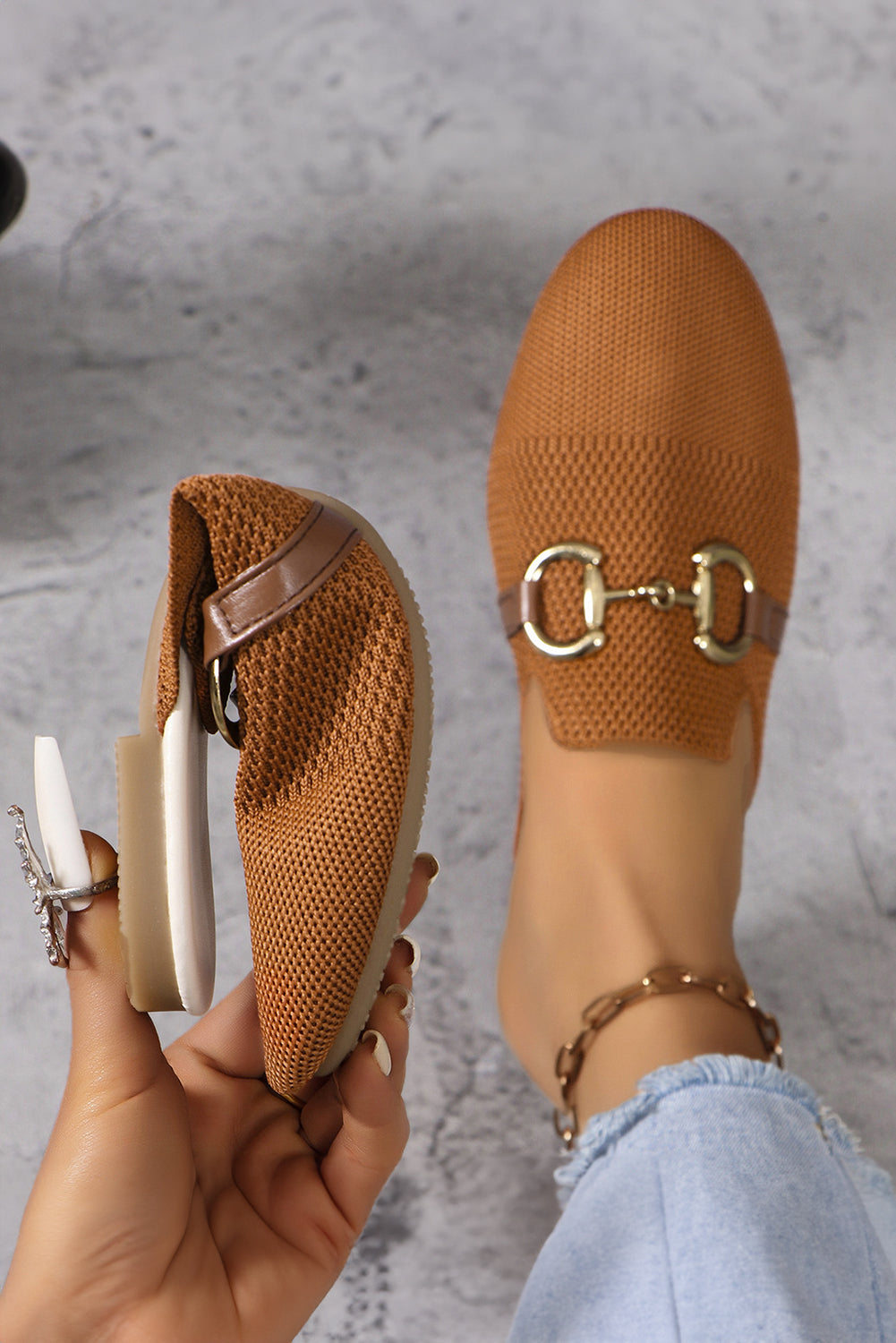 Chestnut Leather Strap Buckle Decor Slip On Flats Women's Shoes JT's Designer Fashion