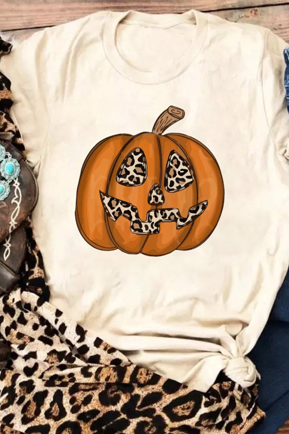 Khaki Halloween Leopard Pumpkin Print T Shirt Graphic Tees JT's Designer Fashion