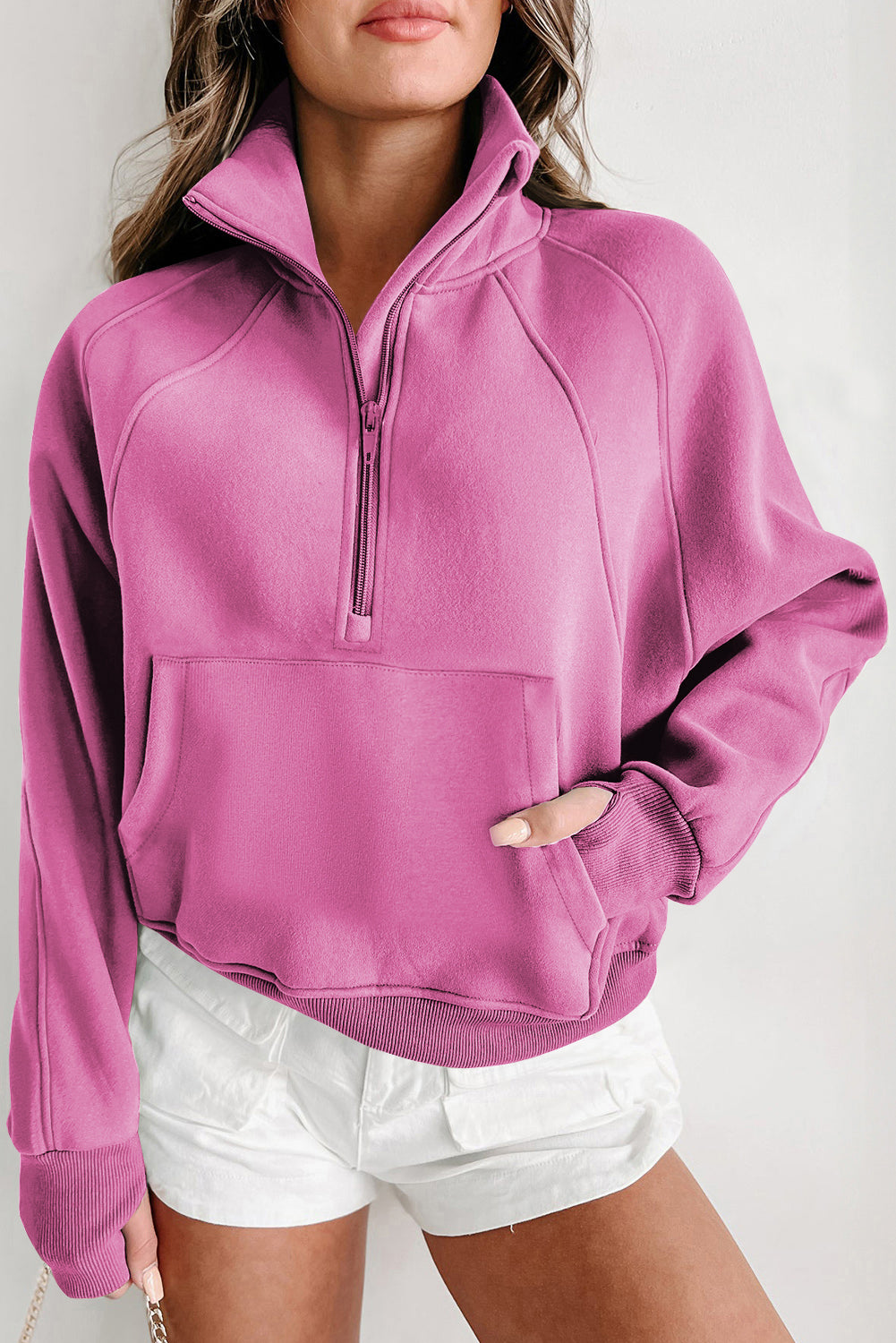 Bonbon Fleece Lined Zip Up Stand Collar Thumbhole Sleeve Sweatshirt Sweatshirts & Hoodies JT's Designer Fashion