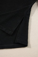 Black Waffle Knit Side Slits Loose Fit V Neck Top Long Sleeve Tops JT's Designer Fashion