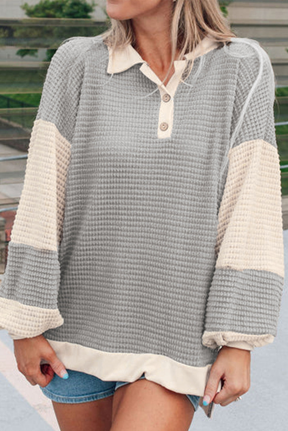 Khaki Textured Colorblock Collared Henley Top Long Sleeve Tops JT's Designer Fashion