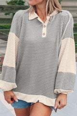 Khaki Textured Colorblock Collared Henley Top Long Sleeve Tops JT's Designer Fashion