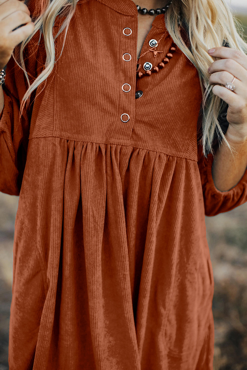 Gold Flame Corduroy Snap Buttons Empire Waist Bracelet Sleeve Dress Mini Dresses JT's Designer Fashion