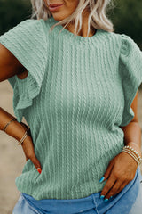 Moonlight Jade Solid Color Textured Flutter Sleeve Top Blouses & Shirts JT's Designer Fashion
