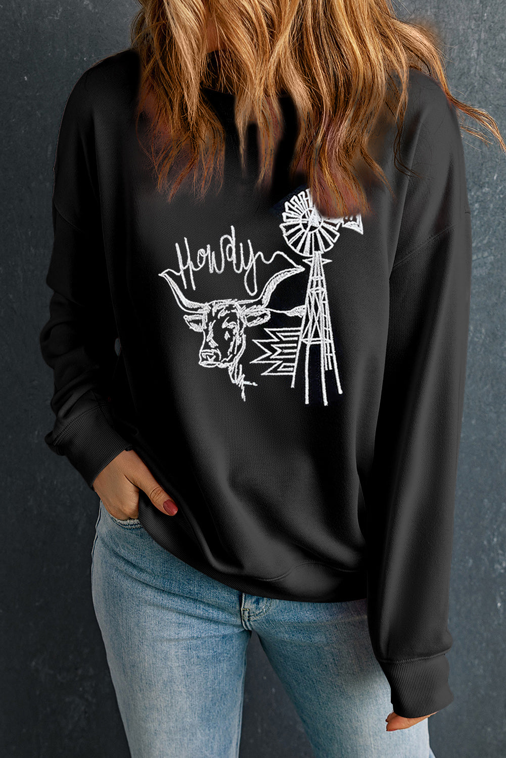 Black Embroidered Howdy Cow Western Graphic Crew Neck Sweatshirt Graphic Sweatshirts JT's Designer Fashion