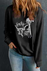 Black Embroidered Howdy Cow Western Graphic Crew Neck Sweatshirt Graphic Sweatshirts JT's Designer Fashion