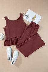 Red Dahlia Solid Color Ribbed Ruffle Tank Top and Pants Set Pant Sets JT's Designer Fashion