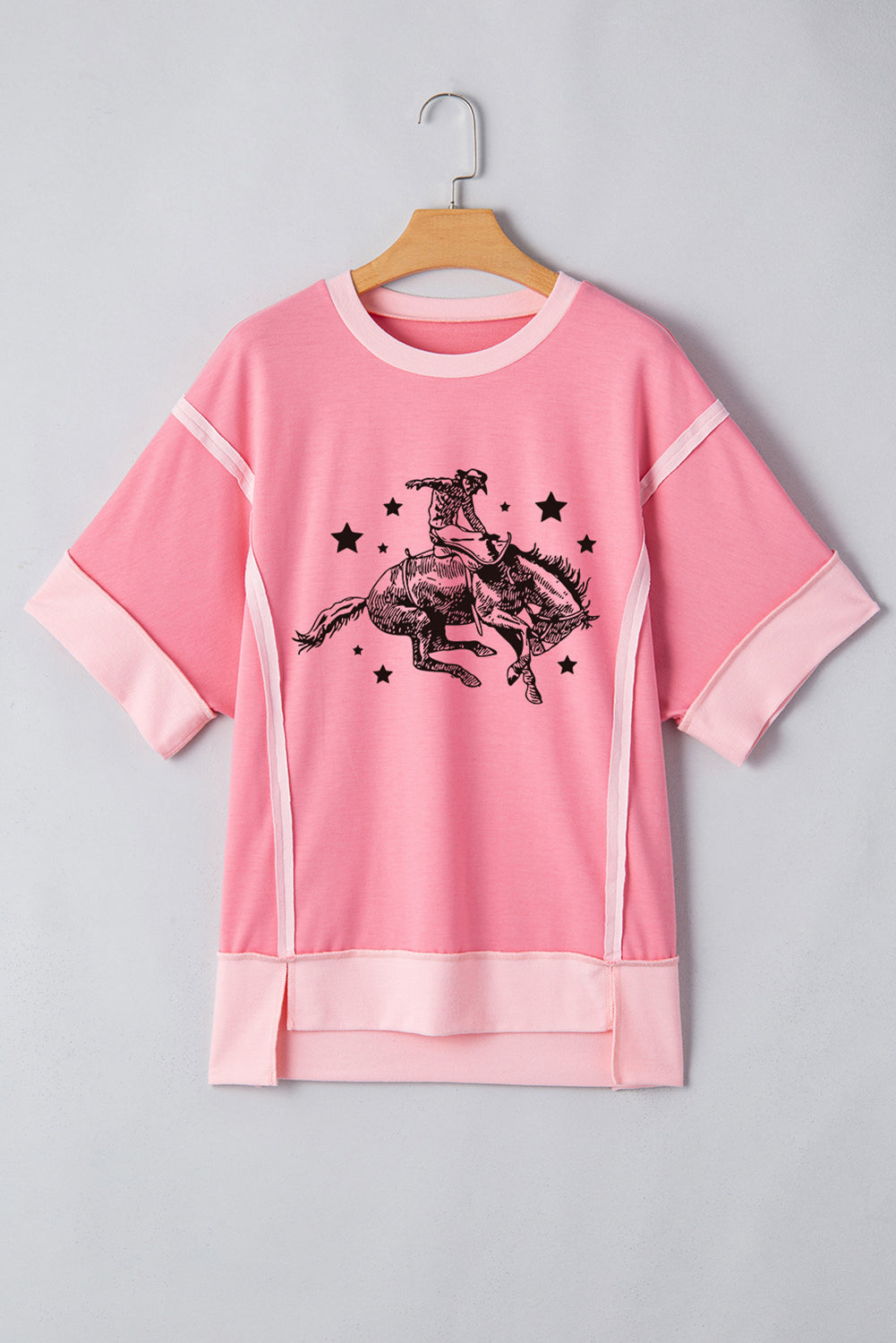 Peach Blossom Raw Seam Mix Texture Patchwork Rodeo Graphic Tee Graphic Tees JT's Designer Fashion
