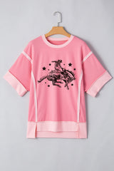Peach Blossom Raw Seam Mix Texture Patchwork Rodeo Graphic Tee Graphic Tees JT's Designer Fashion