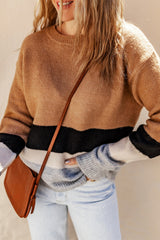 Brown Color Block Striped Ribbed Knit Sweater Sweaters JT's Designer Fashion