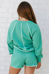 Dark Green Colorblock Trim V Neck Pullover Top and Shorts Set Short Sets JT's Designer Fashion