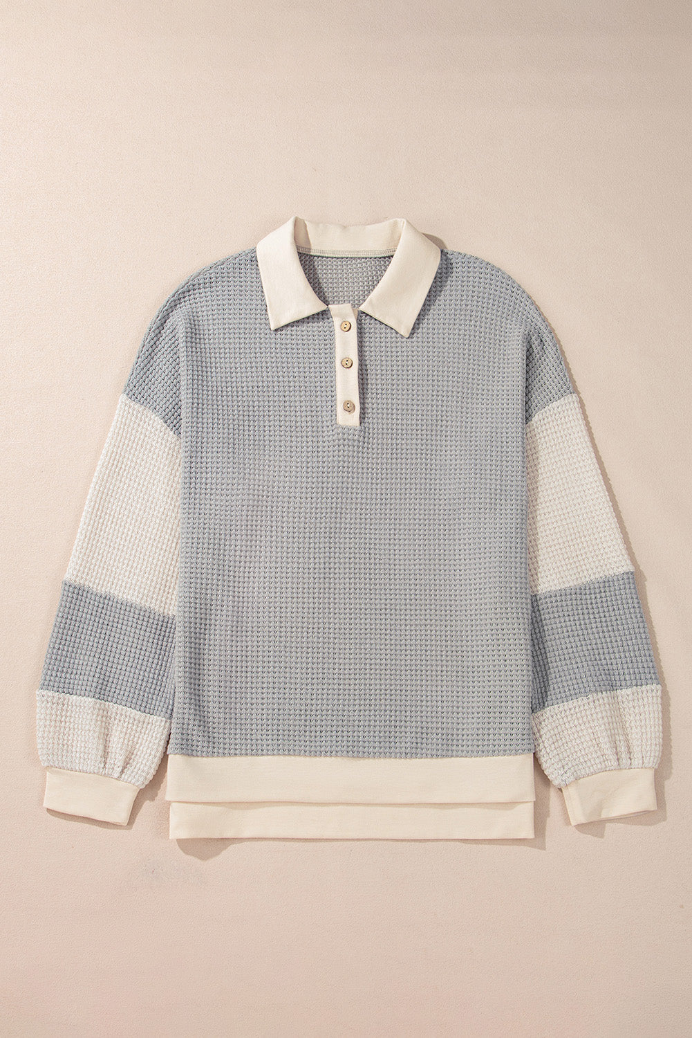 Khaki Textured Colorblock Collared Henley Top Long Sleeve Tops JT's Designer Fashion