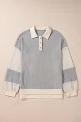 Khaki Textured Colorblock Collared Henley Top Long Sleeve Tops JT's Designer Fashion