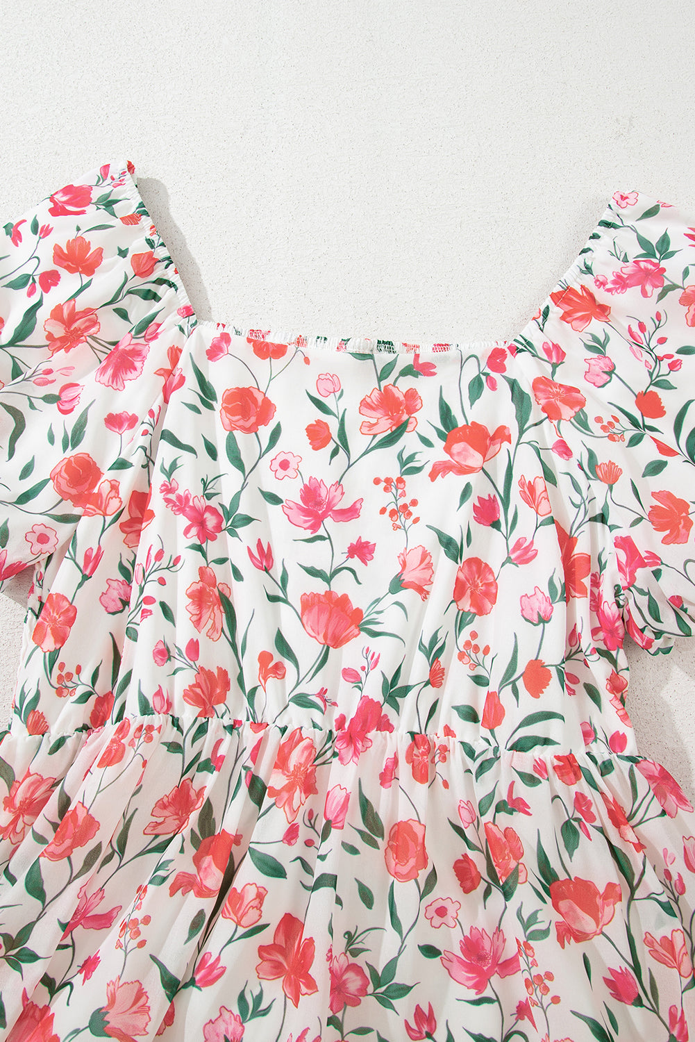 Pink Floral Puff Sleeve Square Neck Empire Waist Tiered Maxi Dress Floral Dresses JT's Designer Fashion