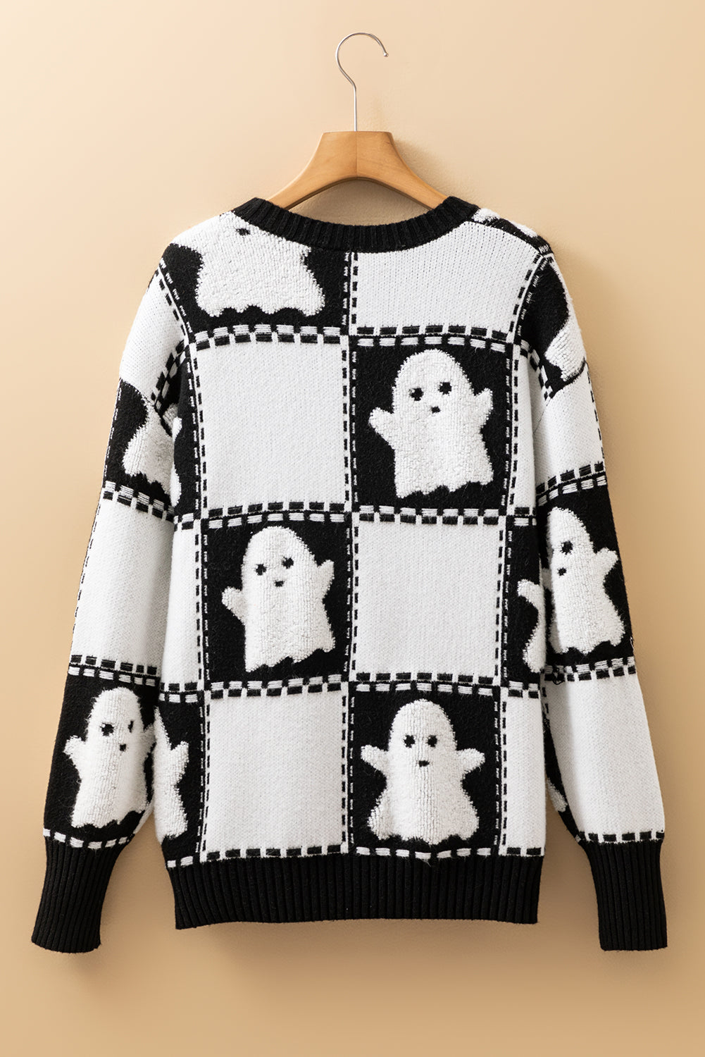 Black Halloween Ghost Checkered Drop Shoulder Sweater Sweaters JT's Designer Fashion