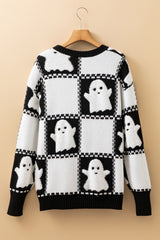 Black Halloween Ghost Checkered Drop Shoulder Sweater Sweaters JT's Designer Fashion