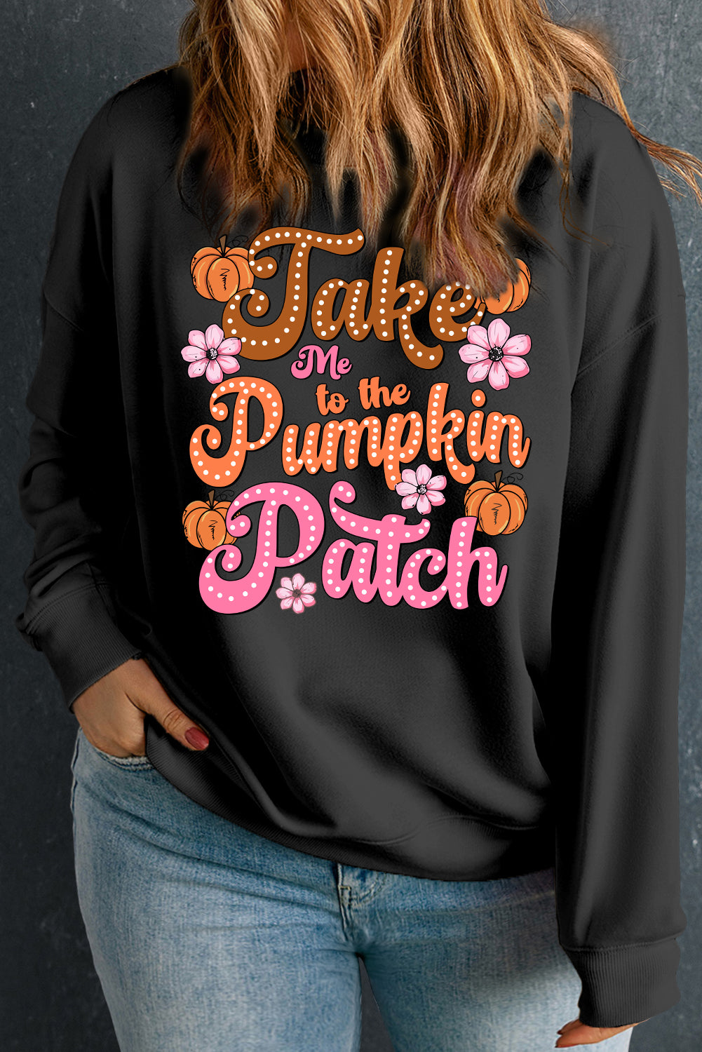 Black Take Me To The Pumpkin Patch Printed Plus Size Sweatshirt Black 50%Polyester+50%Cotton Graphic Plus Size JT's Designer Fashion