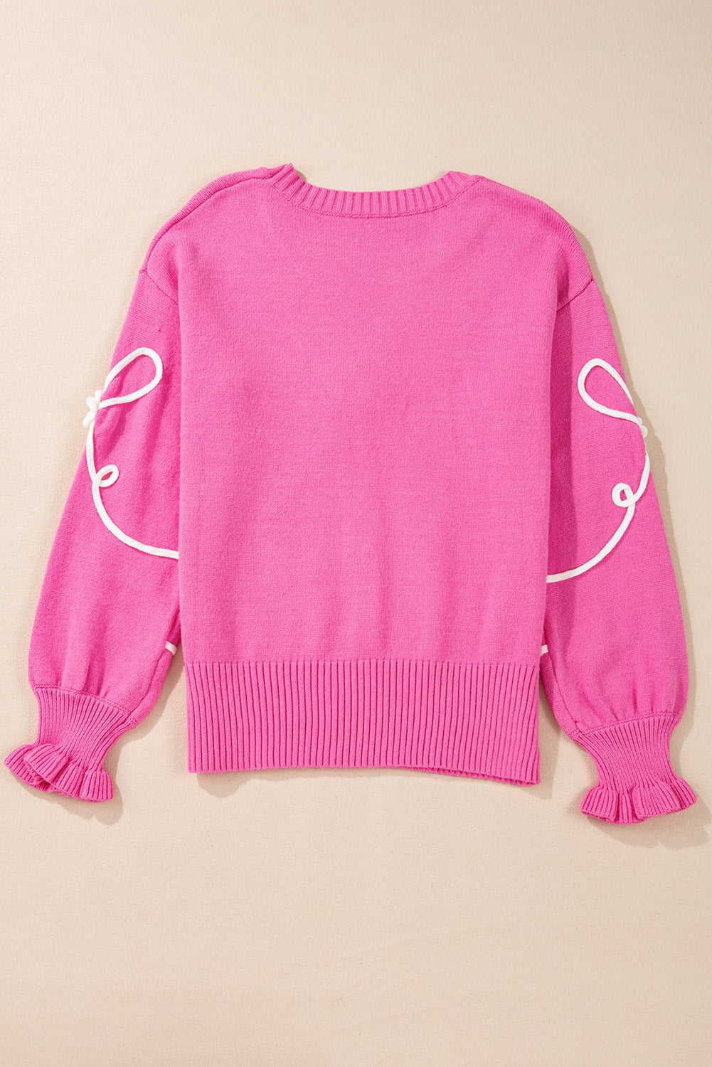 Bright Pink Corded Flower Bow Ribbed Trim Casual Sweater Sweaters JT's Designer Fashion