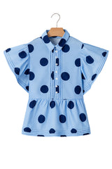 Sky Blue Polka Dot Print Ruffled Short Sleeve Buttoned Collared Blouse Blouses & Shirts JT's Designer Fashion