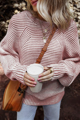 Red Dahlia Striped Print Ribbed Knit Boat Neck Baggy Sweater Sweaters JT's Designer Fashion
