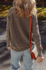 Dark Brown Contrast Cable Knit Sleeve Casual Sweater Sweaters JT's Designer Fashion