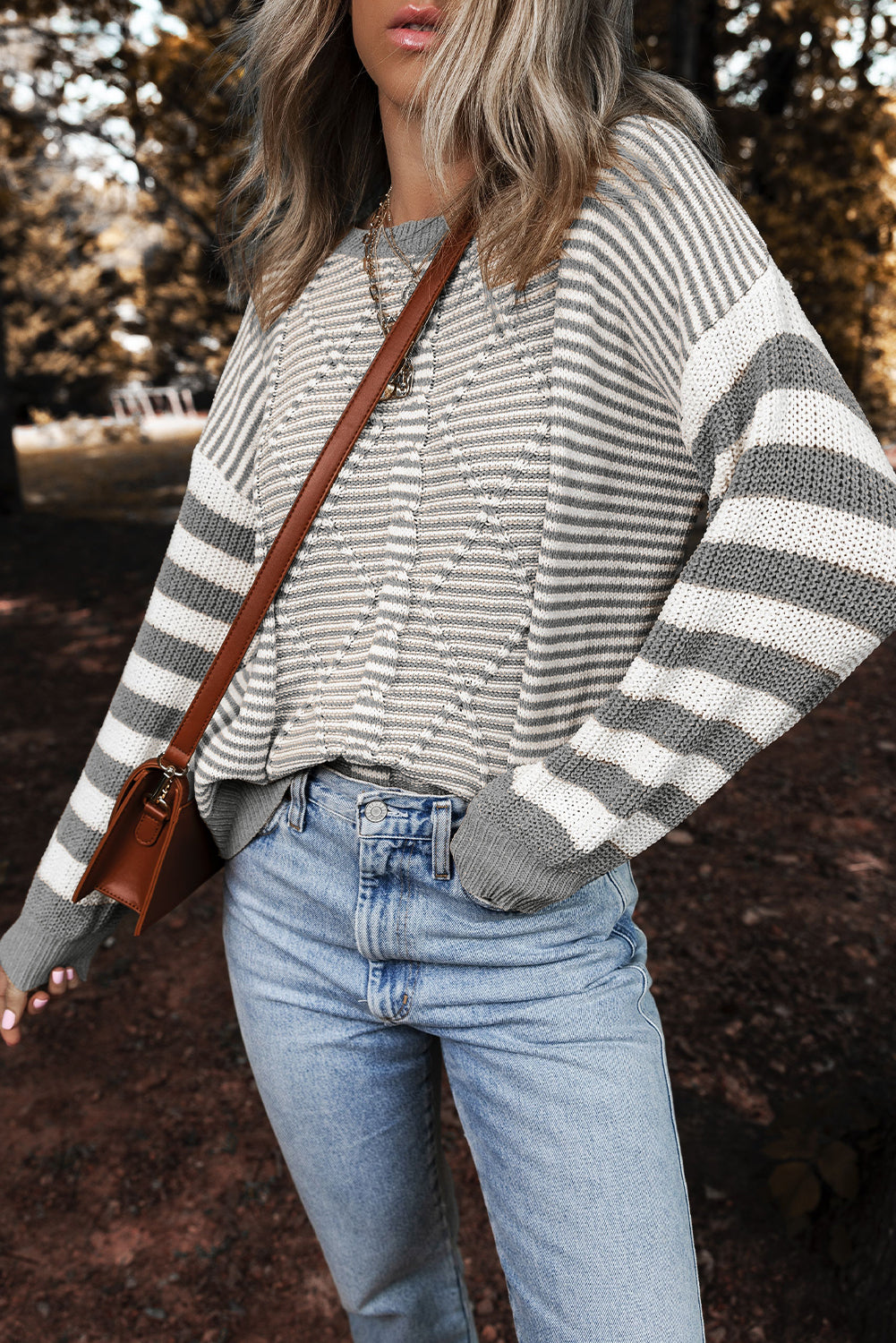 Gray Stripe Geometric Textured Drop Shoulder Sweater Sweaters JT's Designer Fashion