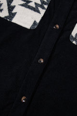 Black Aztec Patchwork Buttoned Corduroy Shacket Jackets JT's Designer Fashion
